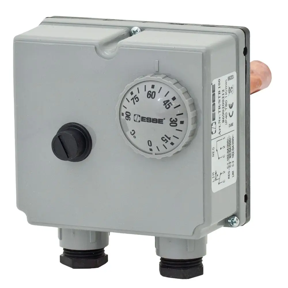 Tauchthermostat in grauem Gehäuse mit Drehregler für Temperaturregelung, Produktionsmarke ESBE, geeignet für verschiedene Heizsysteme. Anschlüsse an der Unterseite.
